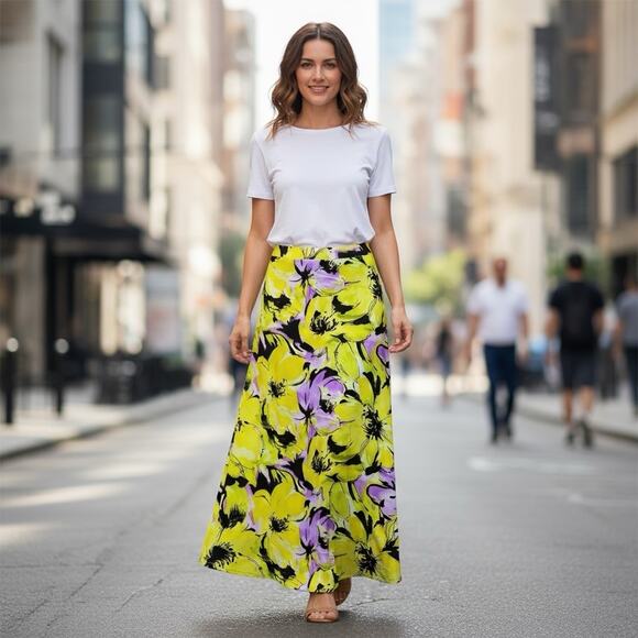 CATO Long Maxi Skirt Size M Stretch Elastic Waist Flowy Yellow Purple Black - Picture 1 of 6